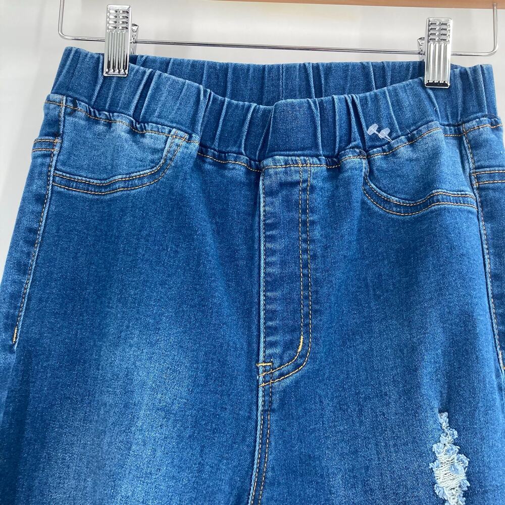 Aaron & Amber Elastic Waist Bell Bottom Dark Wash Distressed Jeans Western 24 - Picture 8 of 14